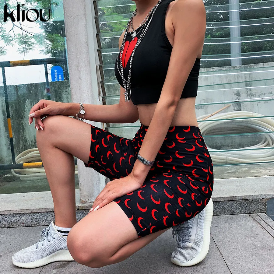Kliou women skinny shorts elastic high waist fitness short print trousers summer female casual fashion street short pants