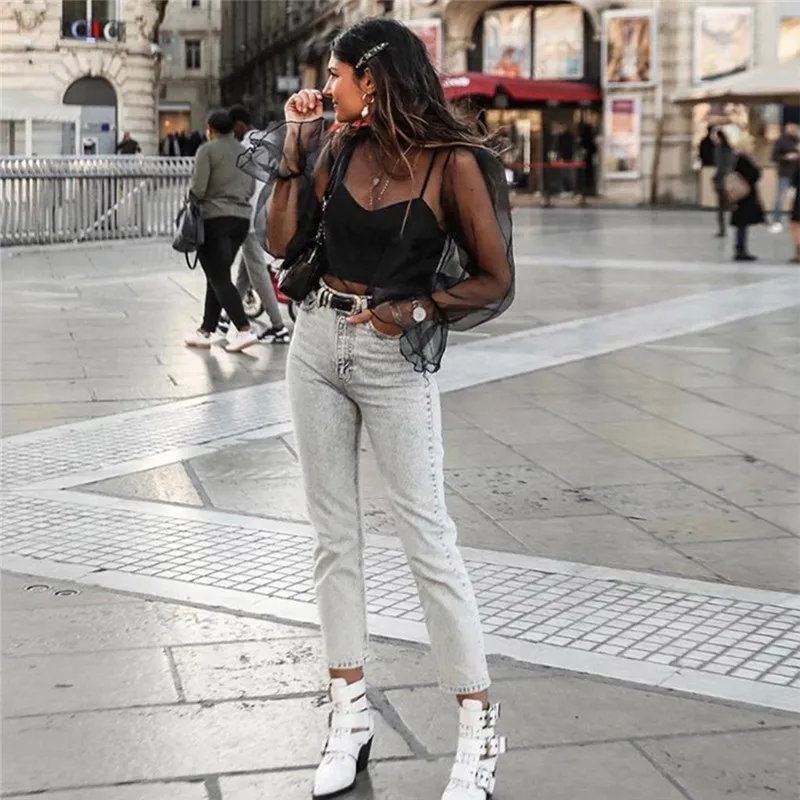 Сексуальные женские прозрачные сетчатые топы блузка рубашка с длинным рукавом