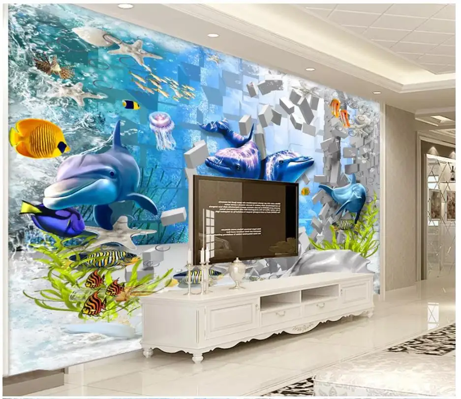 

Пользовательские фото обои для стен Настенная роспись 3 д обои 3d кирпичная стена Дельфин стерео подводный мир ТВ фон настенная бумага