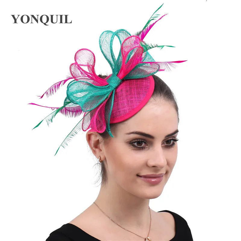 Модные розово-зеленые вуалетки Sinamay с бантом шляпа перьями красивая шапка Дерби