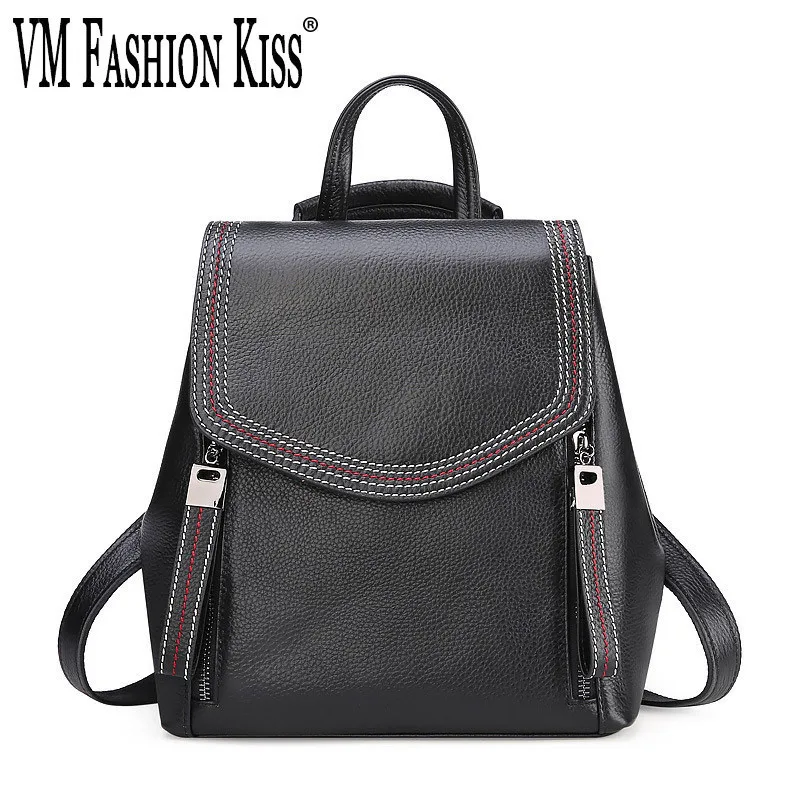 VM FASHION KISS Panelled Decoration Elegant Women Small Black Backpack 100% Genuine Leather School Bags For Teenage Mini Mochila