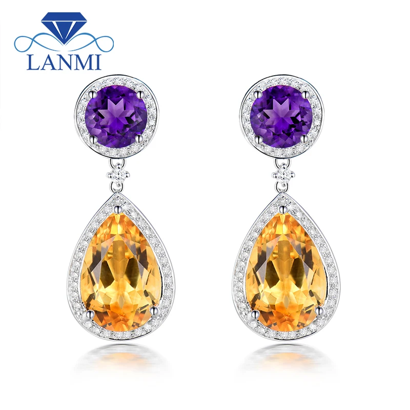 

Solid 18Kt White Gold Natural Citrine & Purple Amethyst Drop Earrings Diamond Earring With Gold Yellow Citrine Earrings