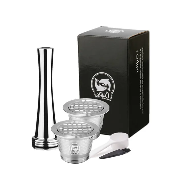 Капсула Nespresso из нержавеющей стали многоразового использования с квадратным отверстием, новая версия, многоразовая кофейная флиновая капсула, кофейная посуда на день рождения, подарок - Цвет: 2capsule 1tamper