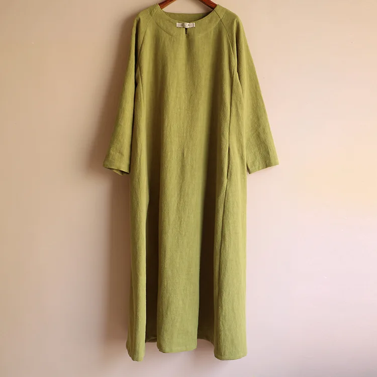 Spring Autumn New Original Design National Wind Solid Color Cotton Dress Long Section Large Size Retro Plate Button | Женская одежда