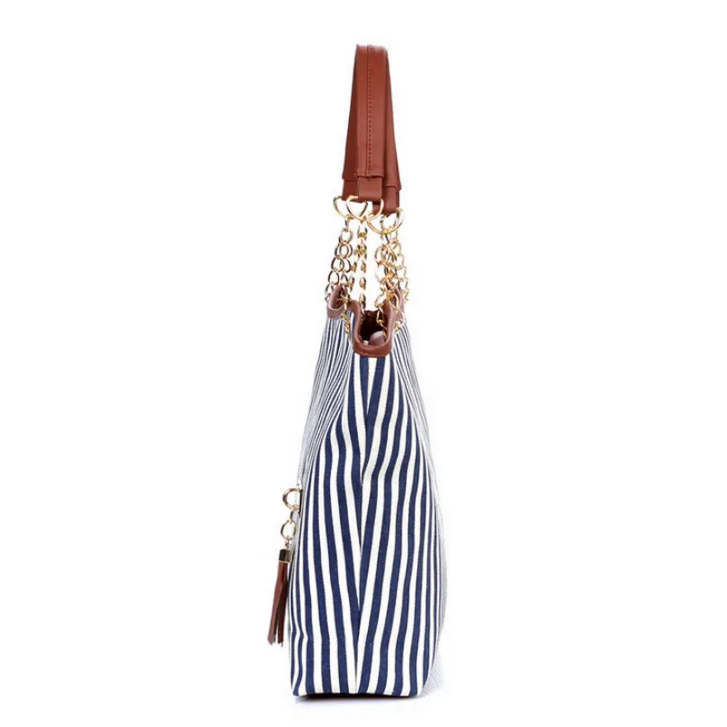 Полосатый Повседневное Сумка тоут Для женщин Холст сумки из натуральной кожи на