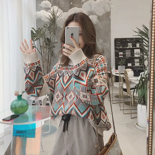 Женский свободный свитер с геометрическим узором винтажный размера плюс в