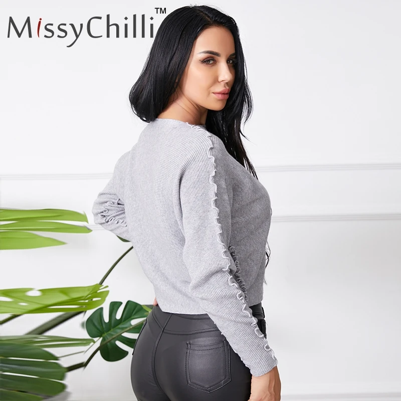 Женский вязаный свитер MissyChilli серый с длинным рукавом и волнистым люрексом |