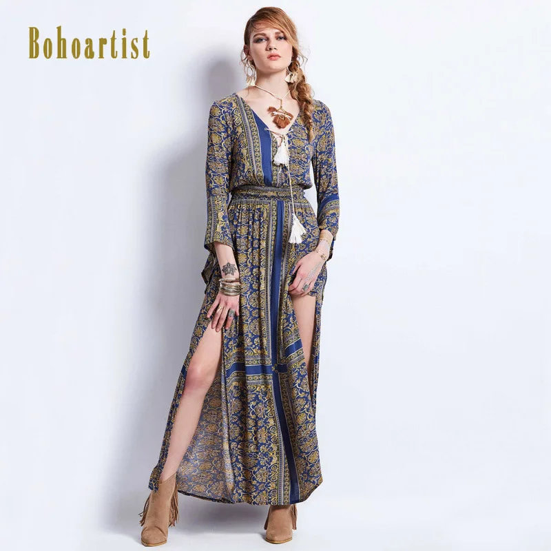Bohoartist Женское платье принтом в стиле ретро осень 2017 г. макси слип с расклешенными