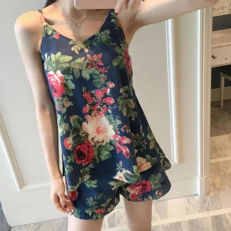 Women Girls Summer Pajamas Set V-Neck Padded Camisole Ruffles Shorts Sleepwear Cute Rabbit Love Heart Floral Sling Loungewear | Женская