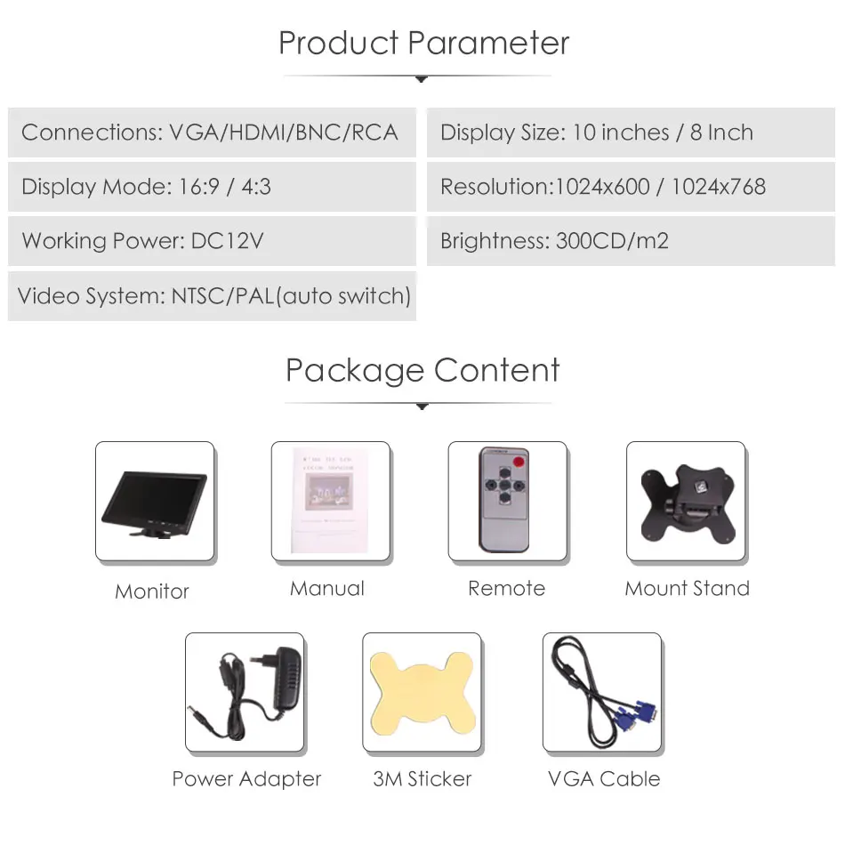 ЖК-монитор с несколькими разъемами 10 дюймов 12 В TFT DC HDMI VGA BNC RCA USB 1024x768 HD для