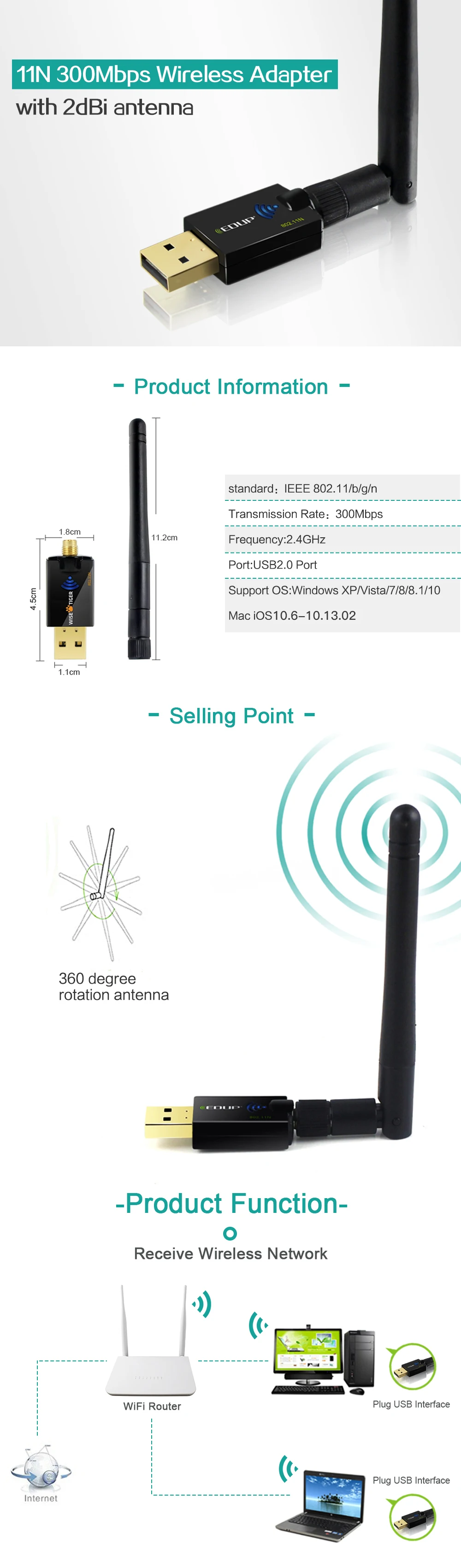 EDUP USB беспроводной Wi-Fi адаптер 300 Мбит/с 802.11n легко установить Wi-Fi приемник ethernet USB адаптер сетевой карты для портативных ПК