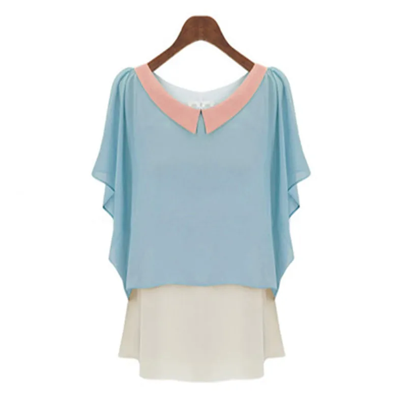 women's wear new style loose color crash doll collar turn-down patchwork chiffon sleeves shirt. |