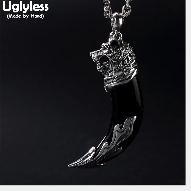 

Uglyless Real Solid 990 Pure Silver Handmade Wolf Pendants for Men Cool Steam Punk Fine Jewelry Chalcedony Necklaces NO Chains