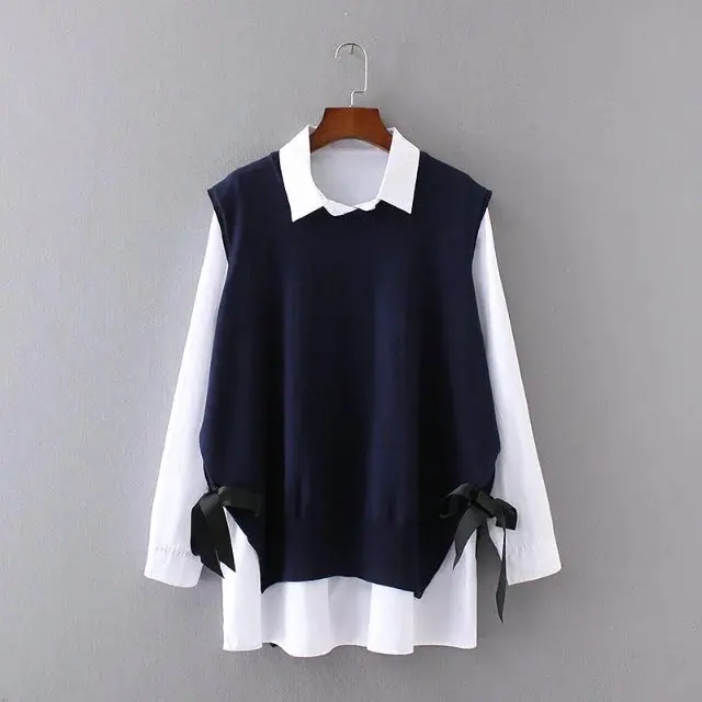 2 Piece Set Oversized fashion leisure women sleeveless sweater vest + White shirt Plus size XL XXL 3XL 4XL Casual K17-84F | Женская