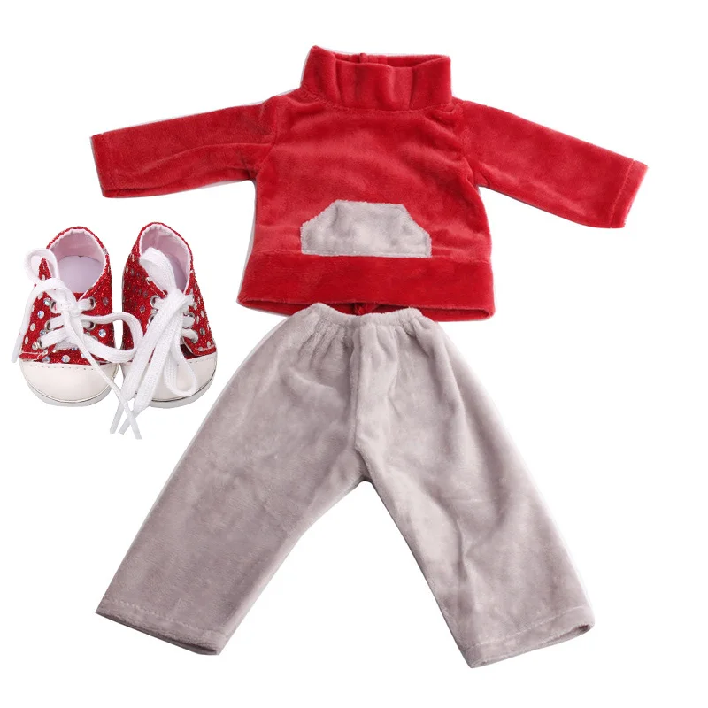 Red 18 дюймовая кукольная одежда для девочек, повседневный костюм, кружевная юбка, футболка с обувью, американское платье для новорожденных, детские игрушки, подходят для 43 см, детские куклы c52 - Цвет: Red