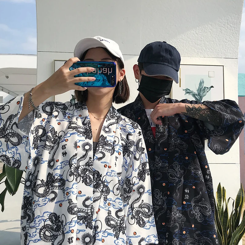 Harajuku дизайн японское кимоно кардиган 2019 Лето Дракон печати свободные три