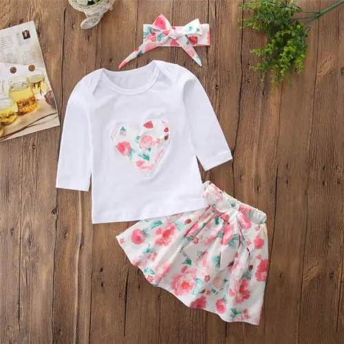 pudcoco Newest Arrivals Hot Infant Newborn Toddler Adorable Girl Heart Tops T-shirt Floral Dress Headband Clothes Outfit Set | Детская