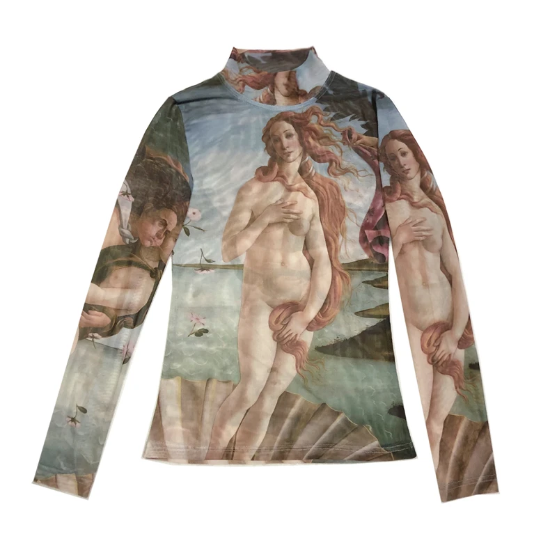 Harajuku vintage ins hot Greek mythology pattern printing Venus goddess of love long sleeve mesh fabric women tshirts tee YQ-891 | Женская