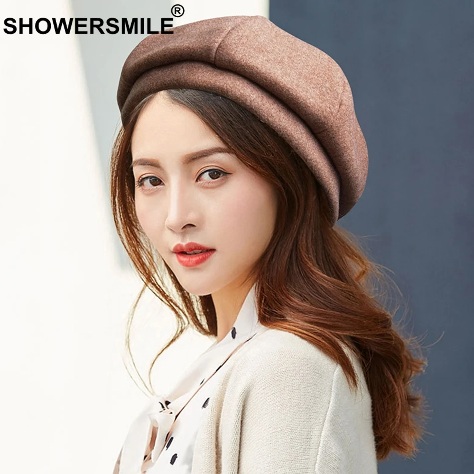 SHOWERSMILE женские береты шапки Серая шерстяная шапка женская мода восьмиугольная однотонная Кепка художника зимняя теплая мягкая Высококачественная шапка для художника