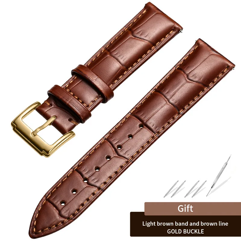 Gold-Light Brown Ремешок для часов STJ из мягкой телячьей кожи 14 мм 16 мм 18 мм 19 мм 20 мм 21 мм 22 мм металлический классический браслет с пряжкой - Цвет ремешка: Gold-Light Brown