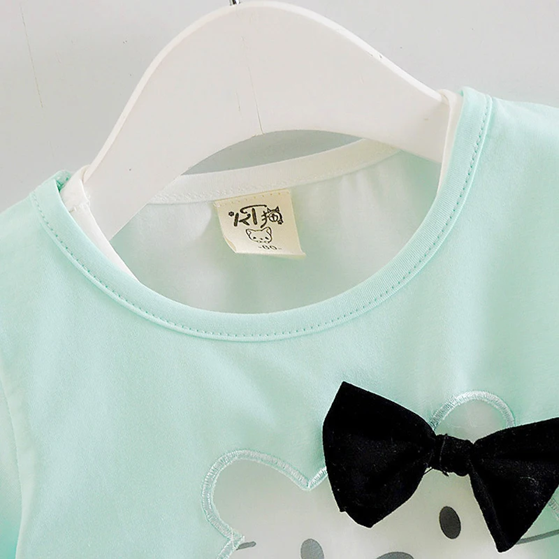 Детская летняя одежда для девочек Дети милые мультфильм хлопок лук Kitty футболка с