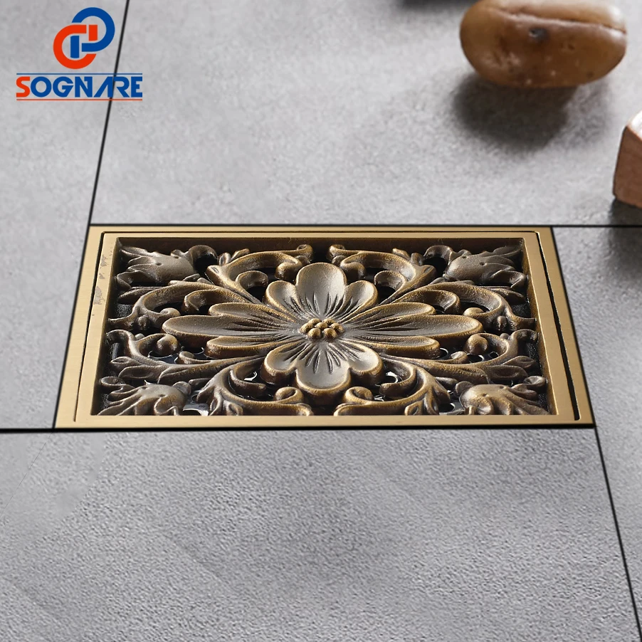 

SOGNARE 10*10cm Antique Brass Art Carved Cover Square Shower Floor Drain Trap Waste Grate With Hair Strainer Deodorant BathDrain