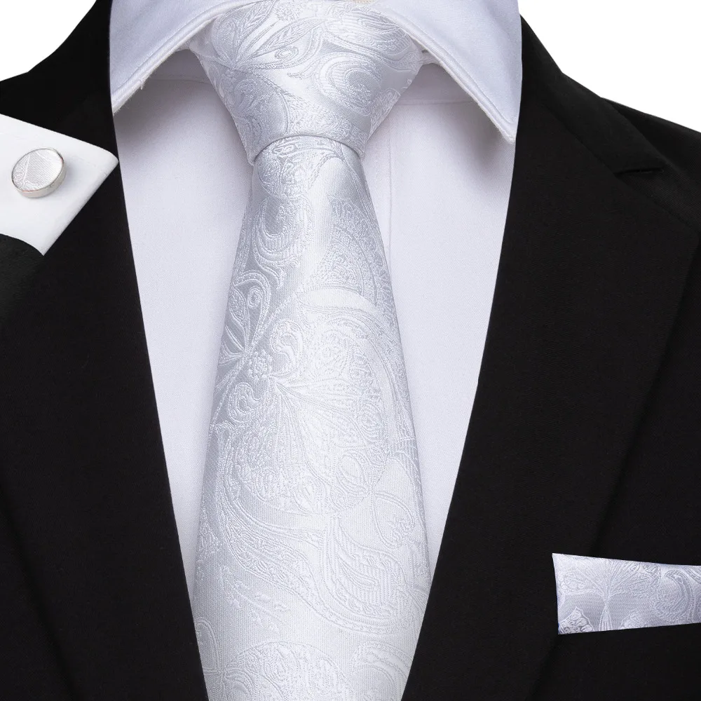 

DiBanGu Mens Silk Ties With Hanky Cufflinks White Ties For Men Gift 100% Silk 8.5CM Man Necktie For Wedding Party Formal MJ-393