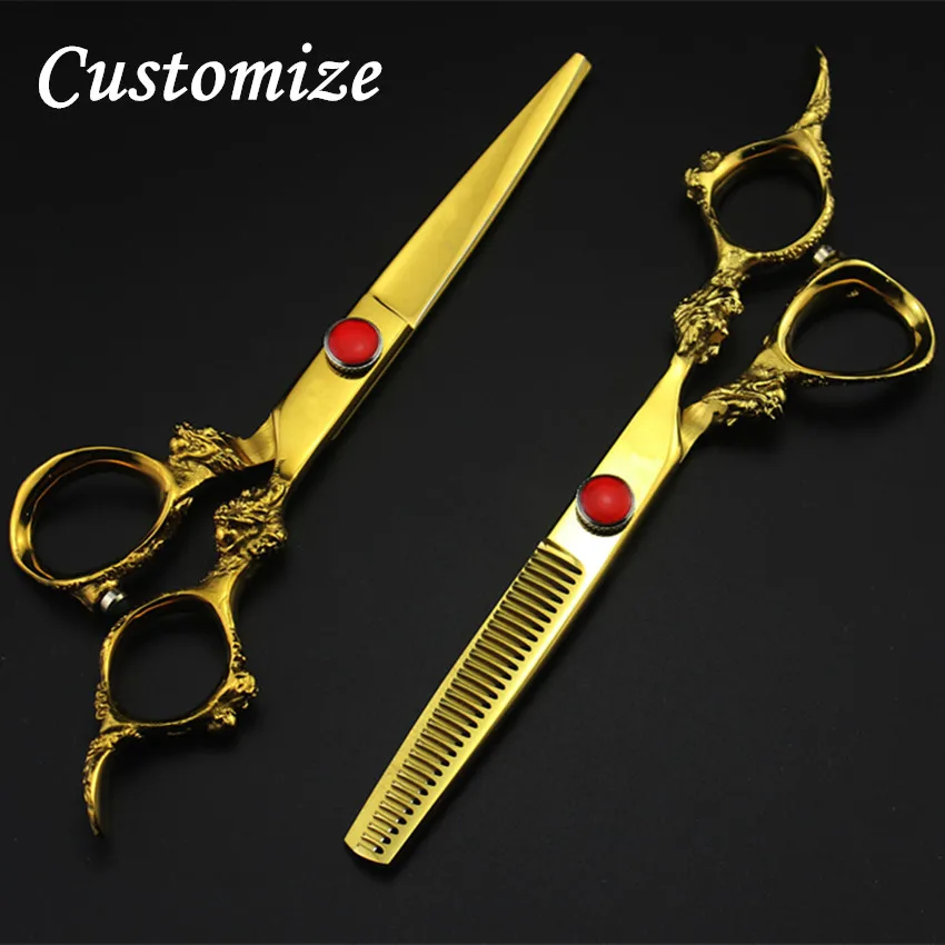 

Customize Upscale Germany 440c 6 inch gold dragon hair scissors set barber cutting scissor thinning shears hairdressing scissors