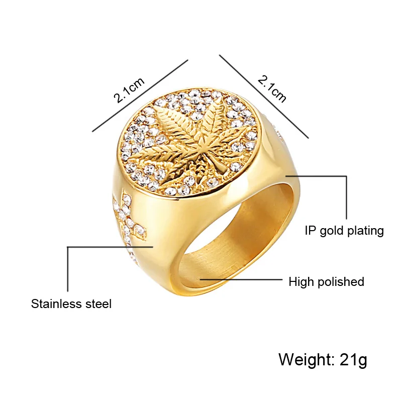 Gold color Кольцо из нержавеющей стали золотого цвета в стиле хип-хоп со льдом, микро проложенные стразы, кольца с Кленовым листом для Мужчин, Ювелирные изделия - Main Stone Color: Gold color