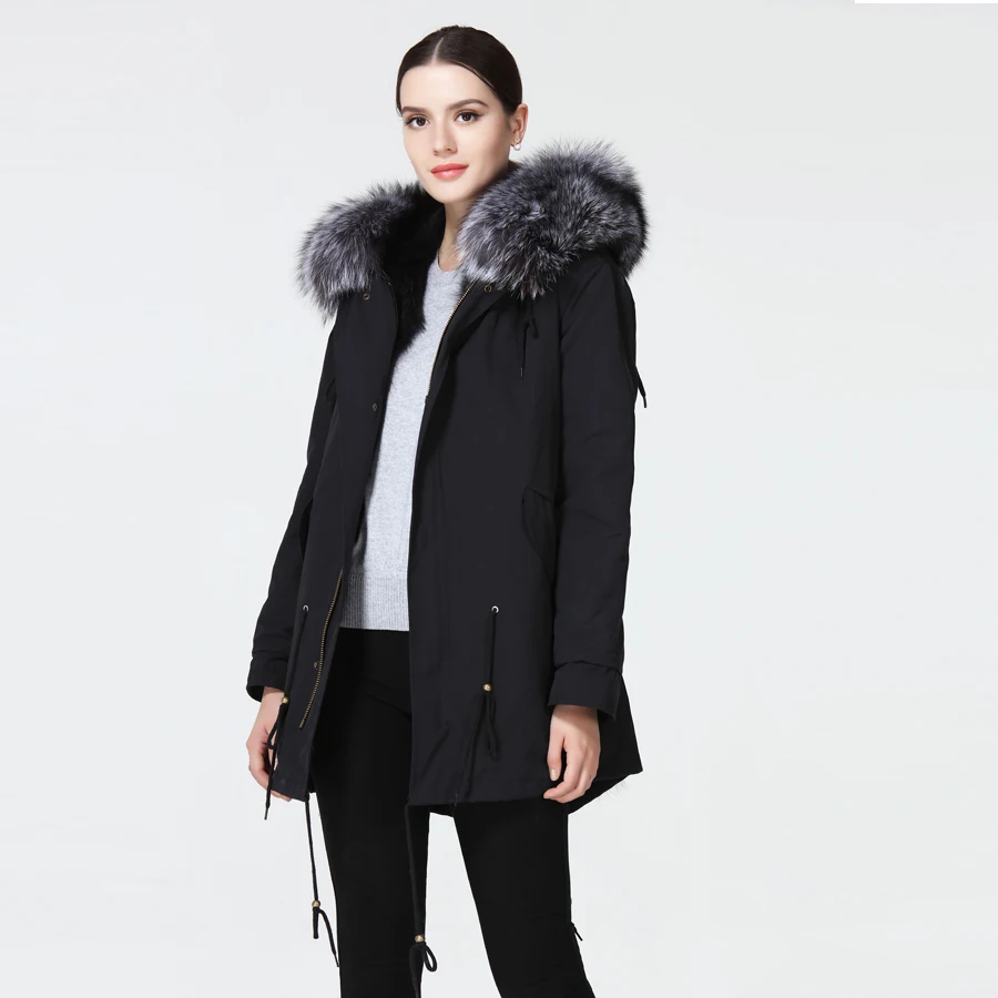Распродажа Женская парка с натуральным лисьим мехом пальто и куртка капюшоном
