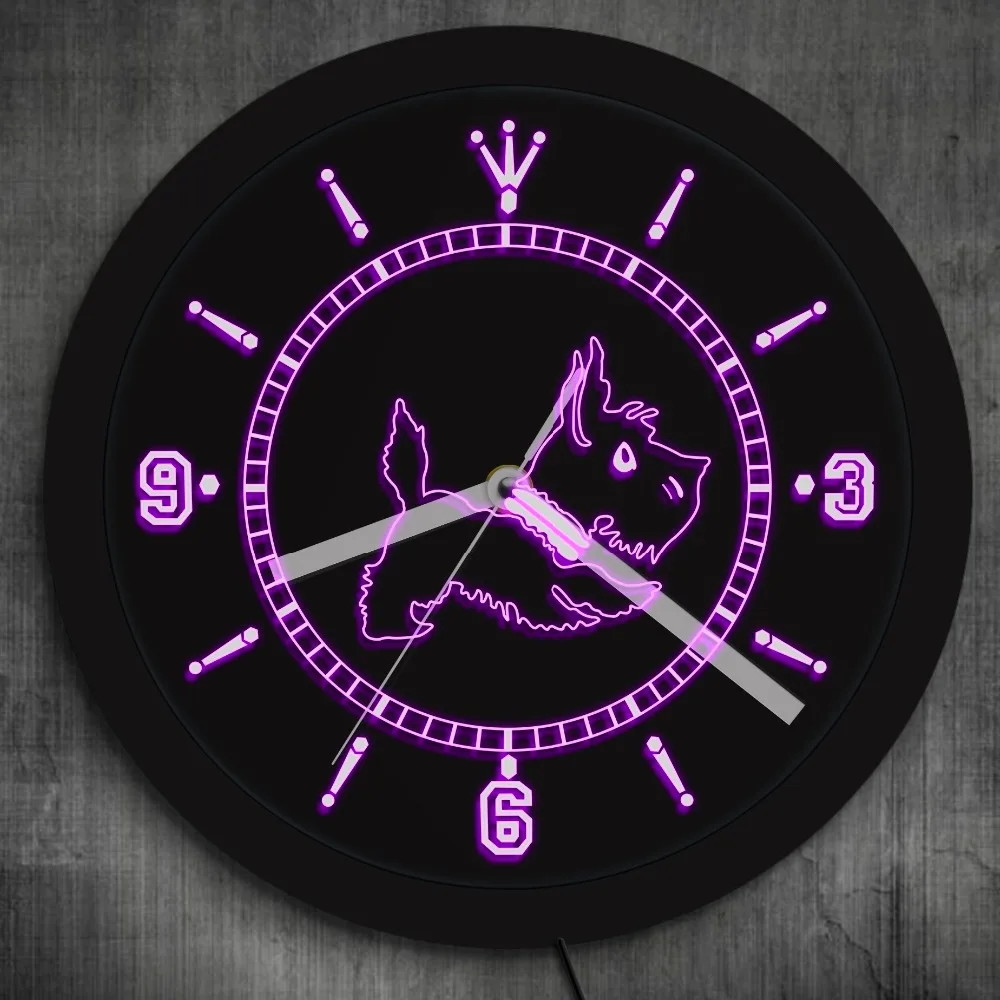 Светящиеся Настенные часы Scottie Dog с неоновыми светодиодами художественные