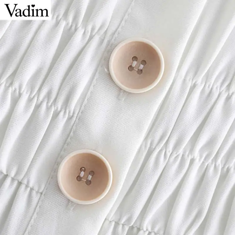 Vadim Women short sleeve white midi dress elastic waist turn down collar split mid calf dresses irregular casual vestidos QB371 | Женская