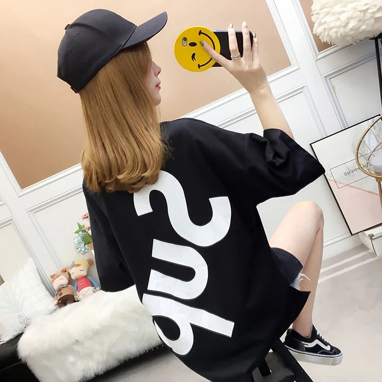 Летняя свободная футболка в Корейском стиле, черная и синяя футболка в стиле хип-хоп для женщин, женская Повседневная футболка Harajuku Ulzzang размера плюс, женские футболки