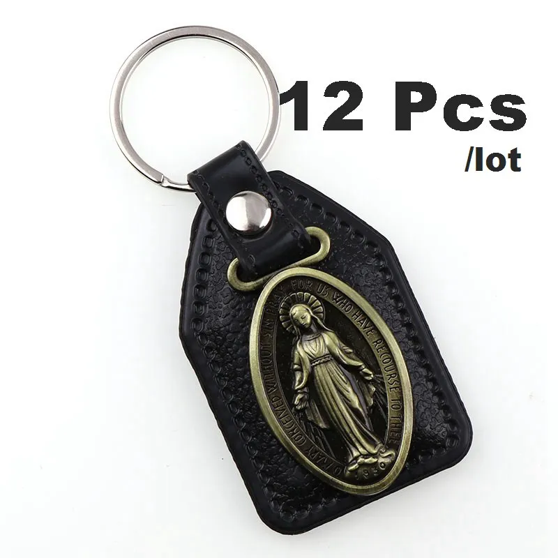 12pcs As Photo 12 шт., брелок для ключей из искусственной кожи, католический Шарм, подвески для мужчин, черная бирка, антикварная бронзовая позолота, крючок, ключ, религиозные брелки - Цвет: 12pcs As Photo