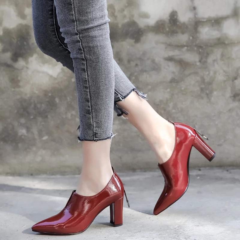 

JK Thick High Heels Women Pumps Pointed Toe Footwear Patent Pu Female Shoes Fashion Office Shoes Woman 2019 Spring New Black