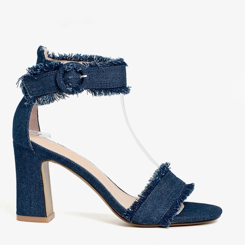 Лидер продаж женские элегантные синие джинсовые сандалии гладиаторы на толстом