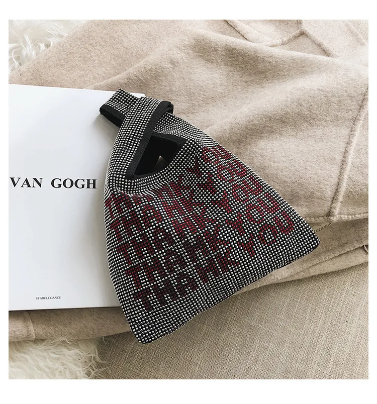 

Brand Woman New Personality Black Color Double Handles Spliced Diamonds Handbag All Match