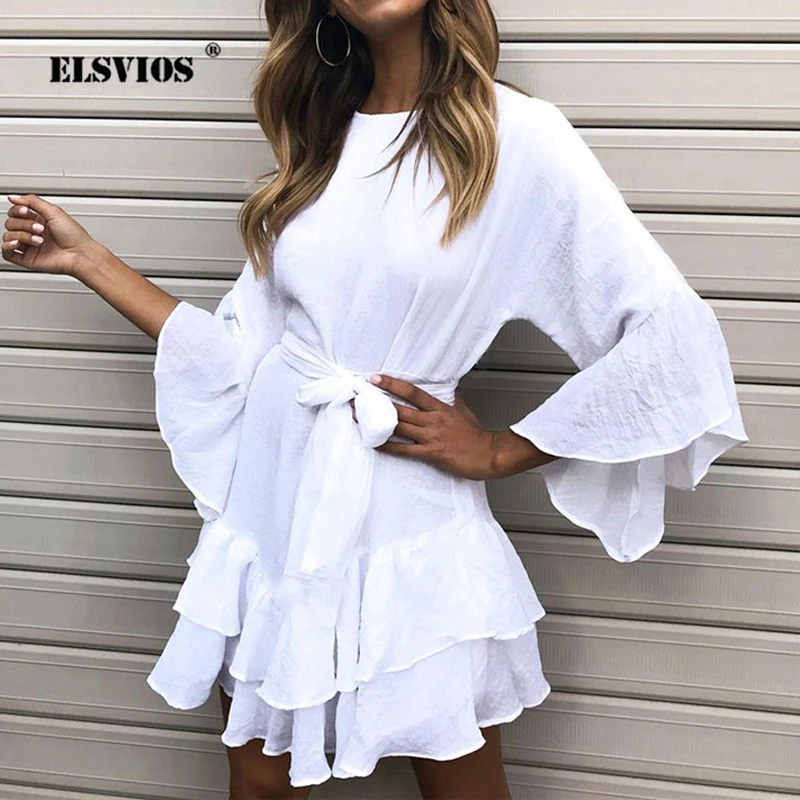 ELSVIOS Women Spring Ruffles Three Quarter Sleeve Mini Dress Elegant Casual O-neck Sashes A-Line Bow Tie Up Summer Beach Dresses | Женская