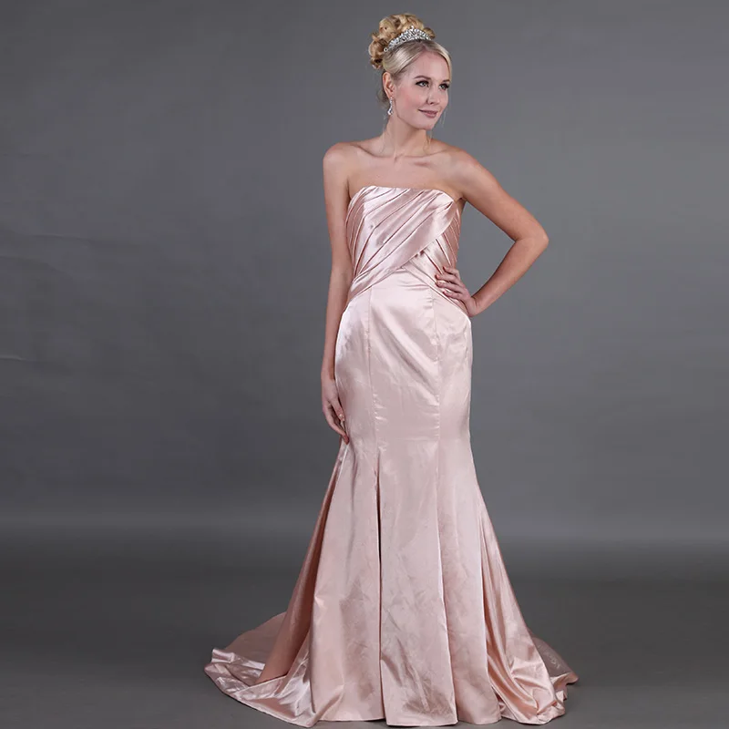 Elegant Mermaid Satin Evening Dresses Pleats Nude Women Formal Party Sweep Train 2019 Special Occasion Gowns | Свадьбы и торжества