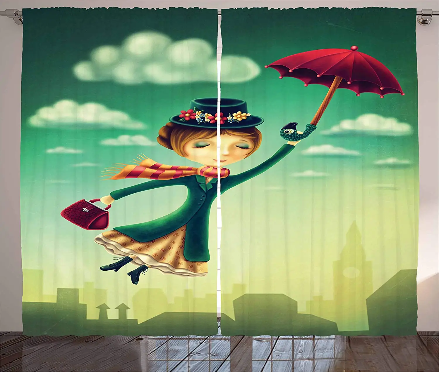 Фантазия шторы Мультфильм Сказка няня с волшебным зонтиком и сумкой летающие над