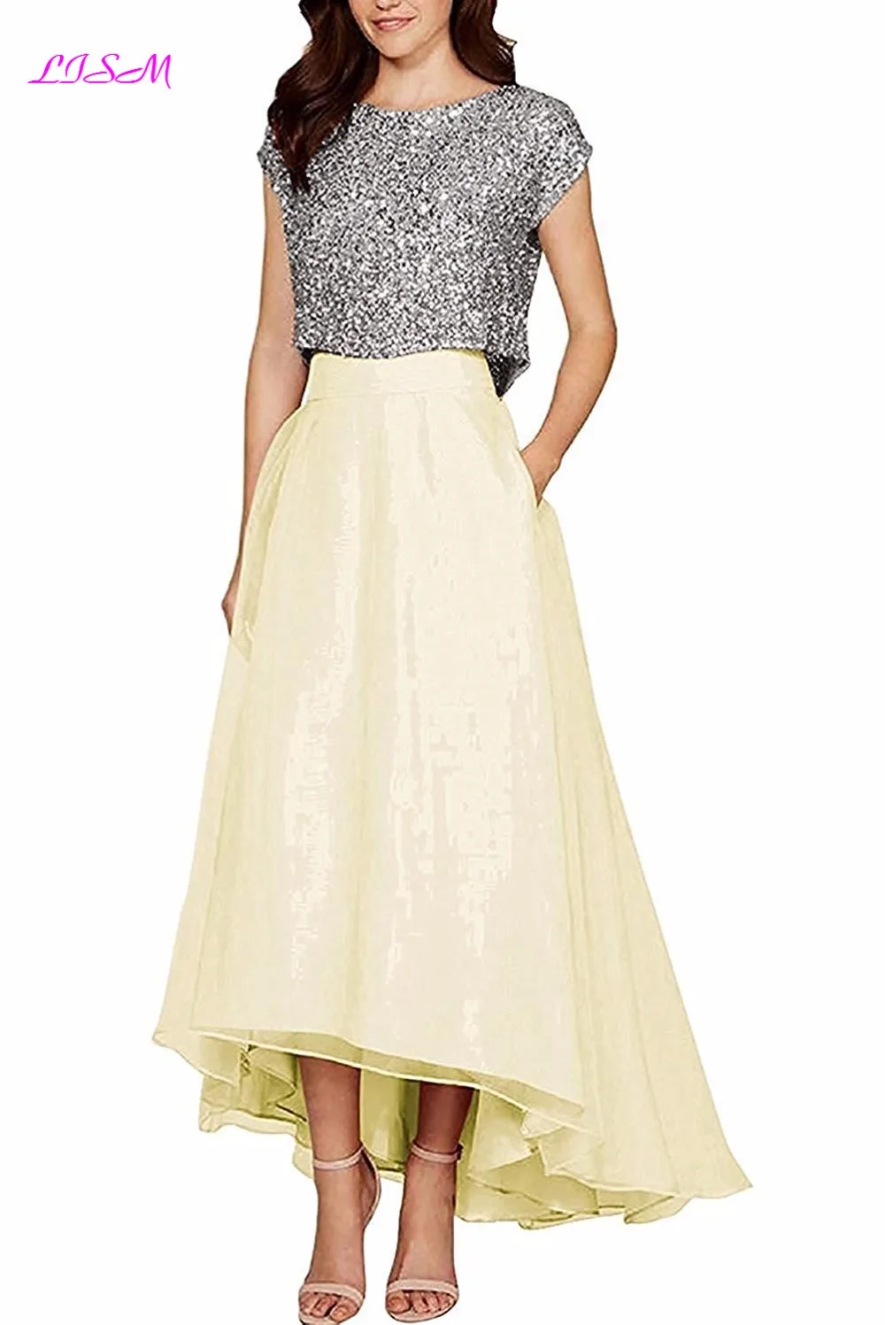 Шифоновые платья для выпускного вечера с блестками, с коротким рукавом, из двух частей, официальное вечернее платье, длина по щиколотку, на заказ, пышные платья, праздничные платья - Цвет: Photo Color