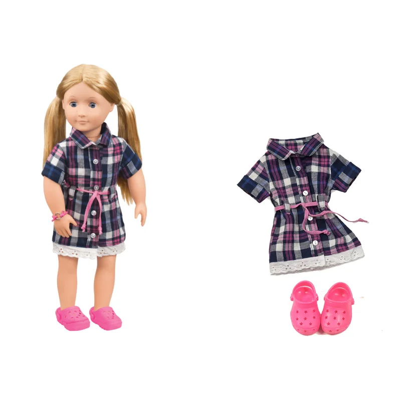 Doll Clothes Fit 18inch 43cm Baby Outfits Long Grid Blouse Dress With Sandals Shoes For 46cm | Игрушки и хобби