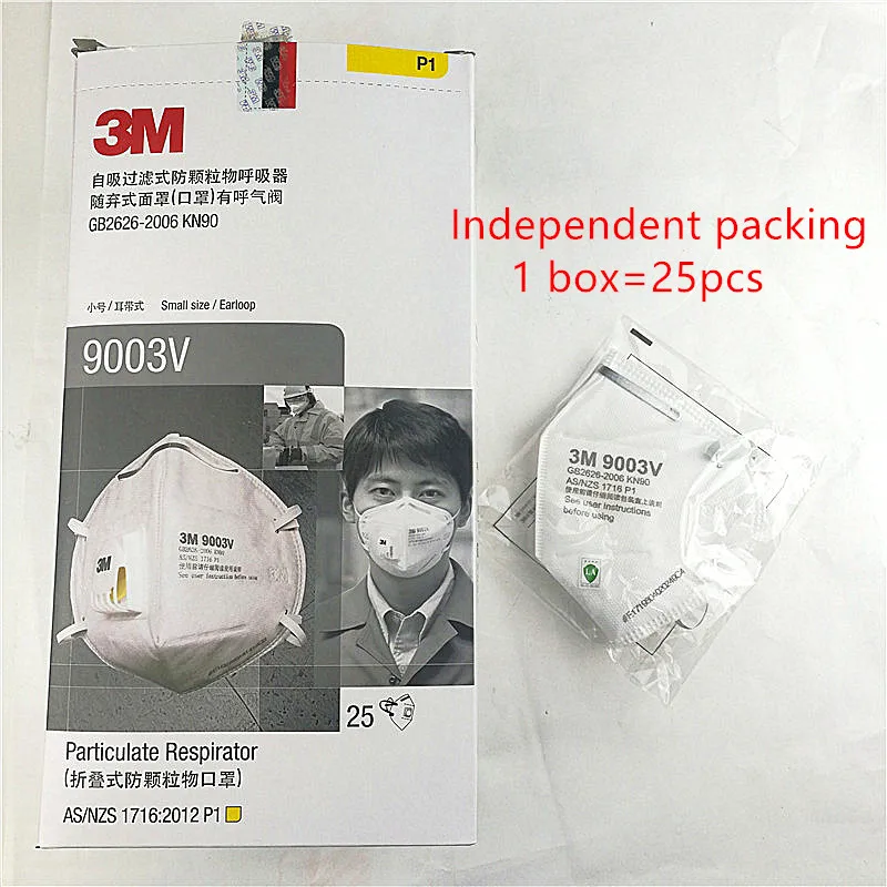 25 шт. 3M 9001V 9002V 9003V анти пыли PM 2,5 маска против гриппа дыхательный клапан нетканый материал маска для взрослых KN90 респиратор