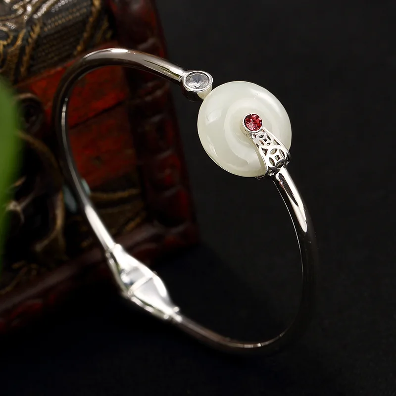Real 925 Sterling Silver Cuff Bangle With Jade Peace Buckle Natural Gemstone Bracelets &amp Bangles Shifting Lucky And | Украшения и