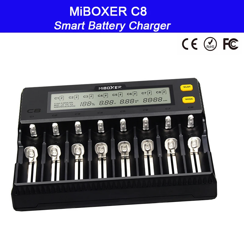 Умное зарядное устройство MiBOXER C8 8 слотов ЖК-дисплей для Li-ion LiFePO4 Ni-MH Ni-Cd AA 21700 20700 26650