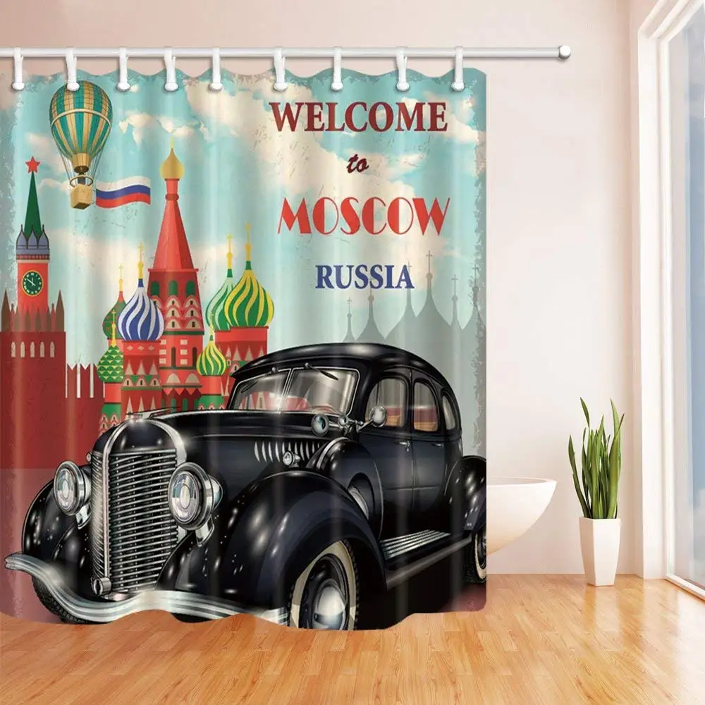 Old Car with Castle Welcome to Moscow Russia Bath Curtain Polyester Fabric Waterproof Shower Hooks Black Red | Дом и сад