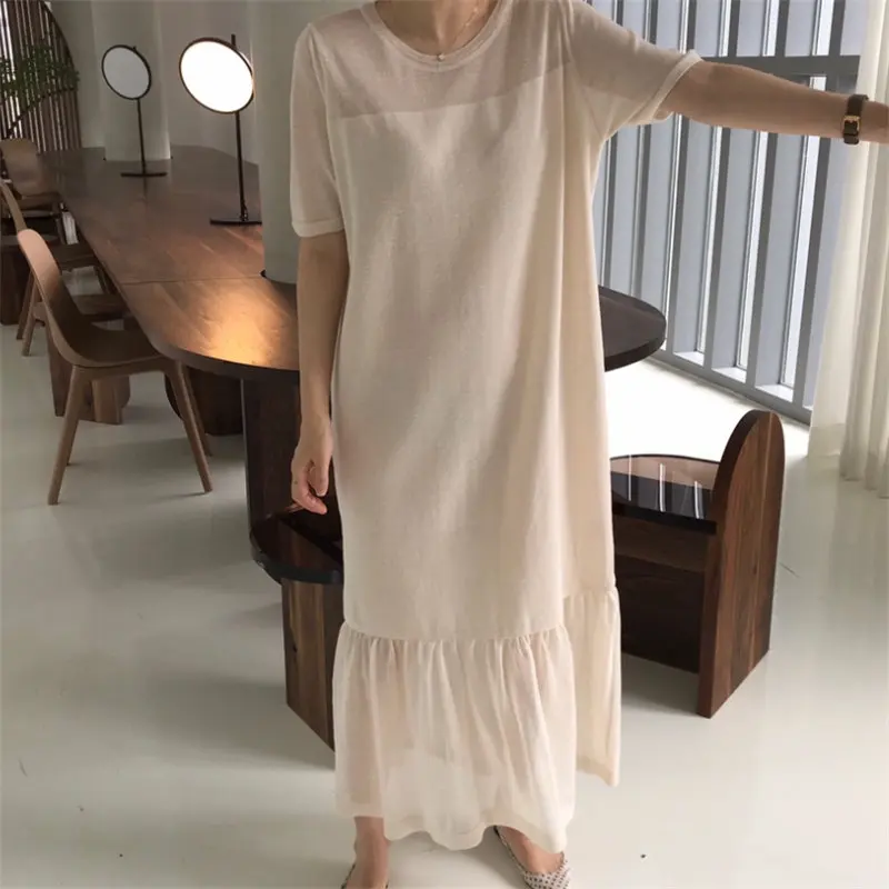 HziriP Loose Trumpet Korea 2019 Summer Elegant Chic Fresh Slender Casual Mermaid Thin Short Sleeves Women Free Beige Dresses | Женская
