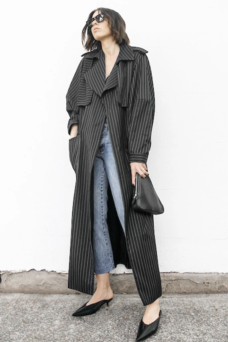 2019 New Autumn Fashion Women Clothes Eourpean High Street Striped Long Loose Spliced Notched Collar Female Jacket (E7) | Женская одежда