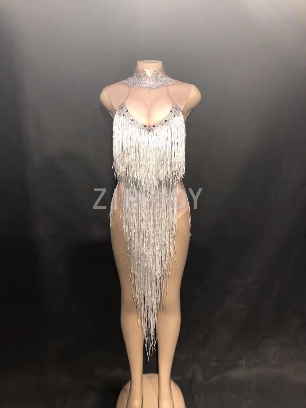 Silver Long Tassel Rhinestones Stretch Bodysuit Sexy Costume Female Singer Outfit Women's Birthday Celebrate Dance Show Clothes