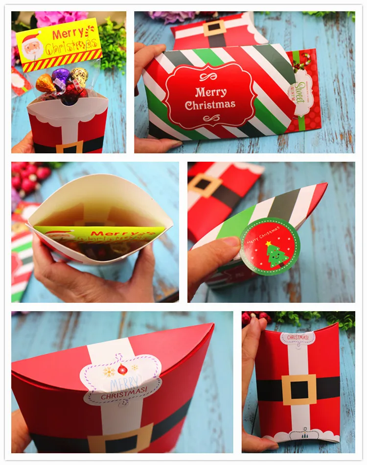 

Christmas Gift Box Green Pillow Shape Happy Christmas Candy Box Bag Red Color Paper Cookies Boxes Christmas Gift Bag